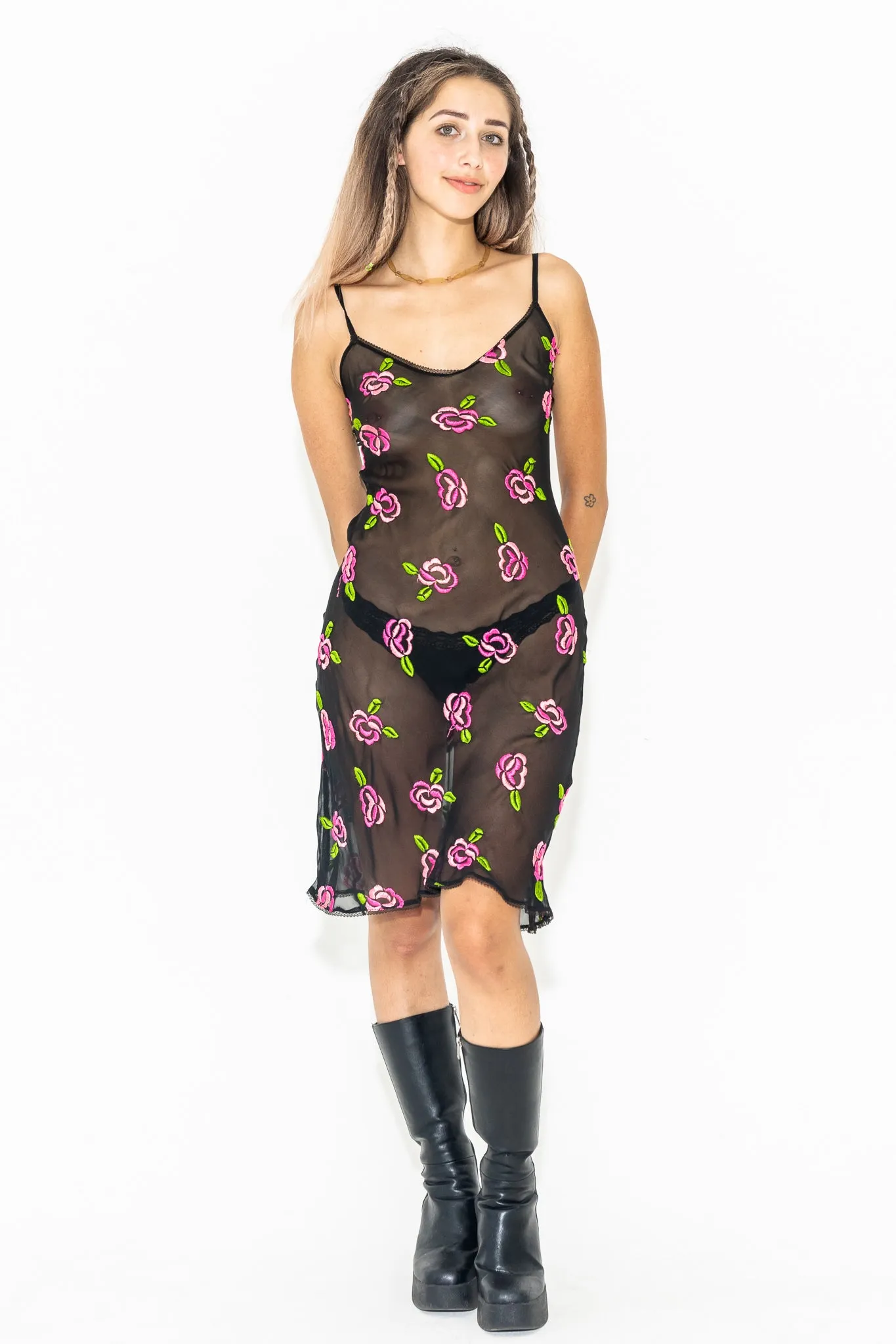 90'S BETSEY JOHNSON SHEER FLORAL MIDI SLIP DRESS
