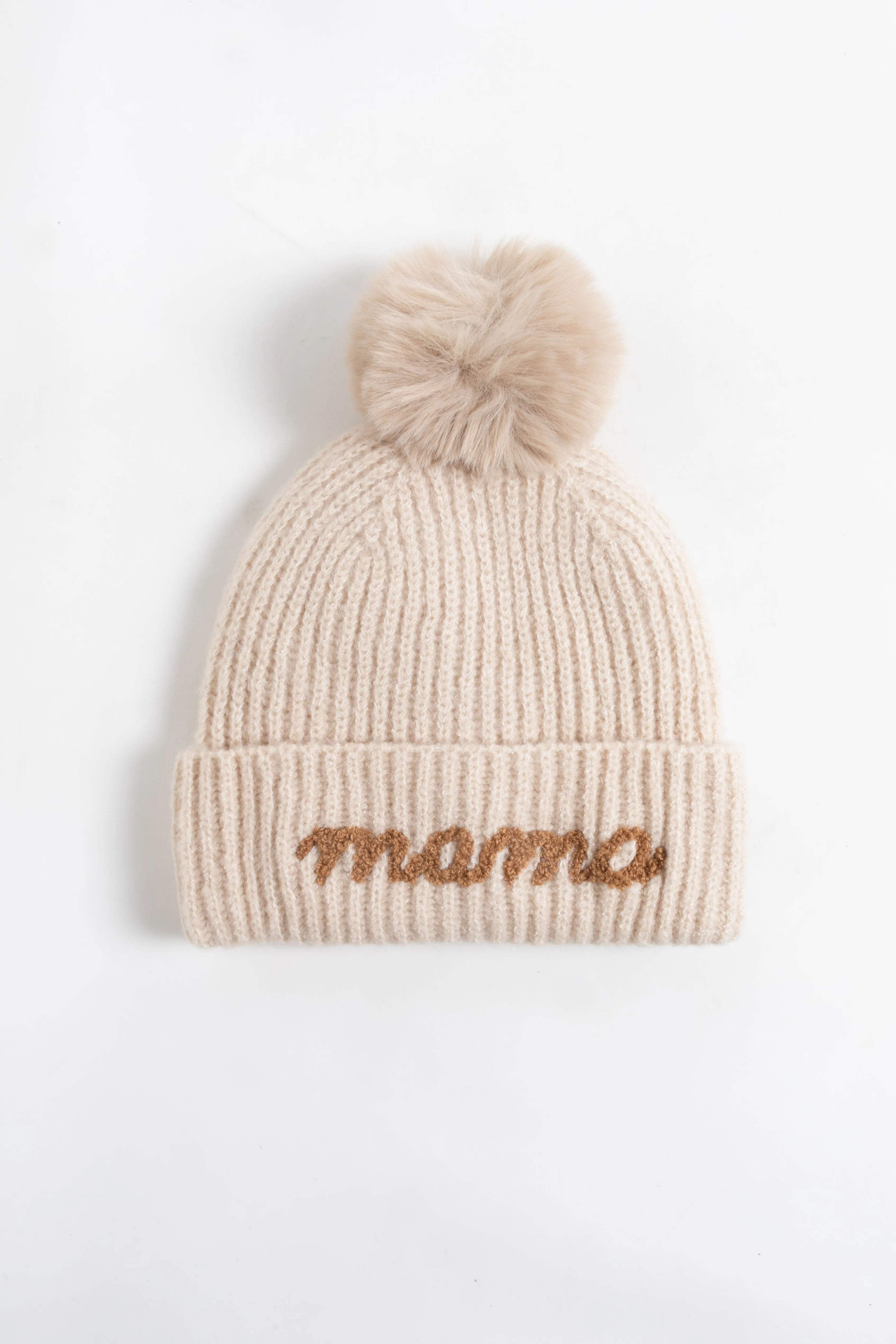 ABB0848 - MAMA Emb On Cuff Knit Beanie with Faux Fur Pom.