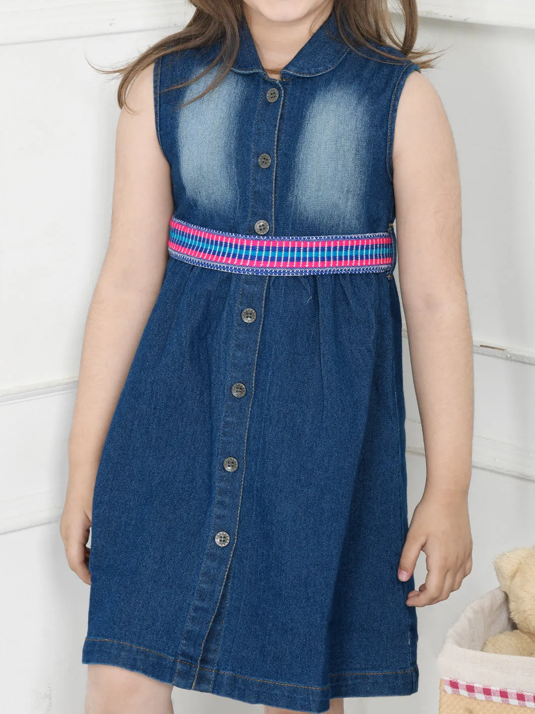 Blue Denim Washed Dress With Handloom Belt