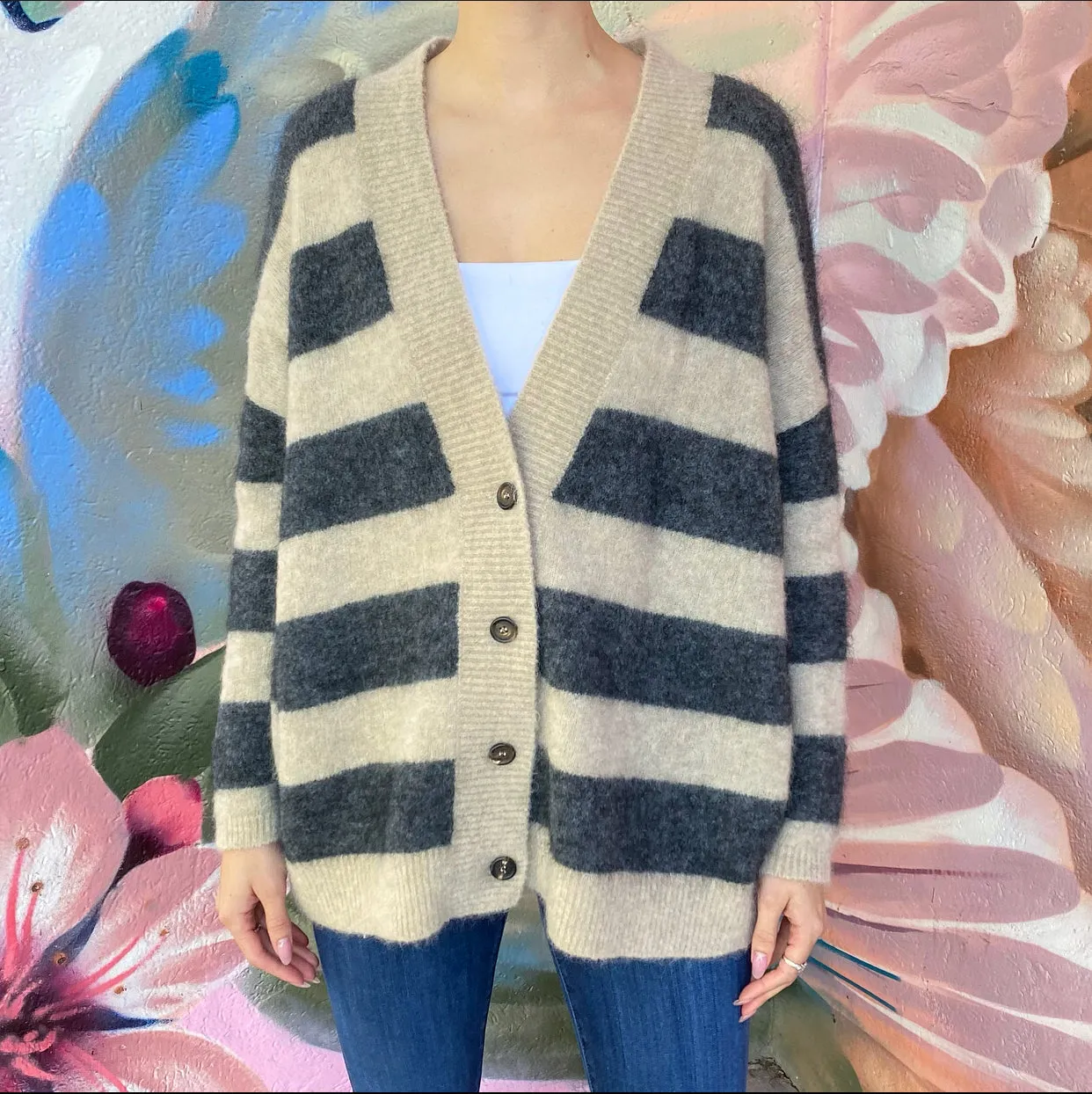 Brunello Cucinelli Beige and Grey Stripe Mohair Cardigan Sweater - M