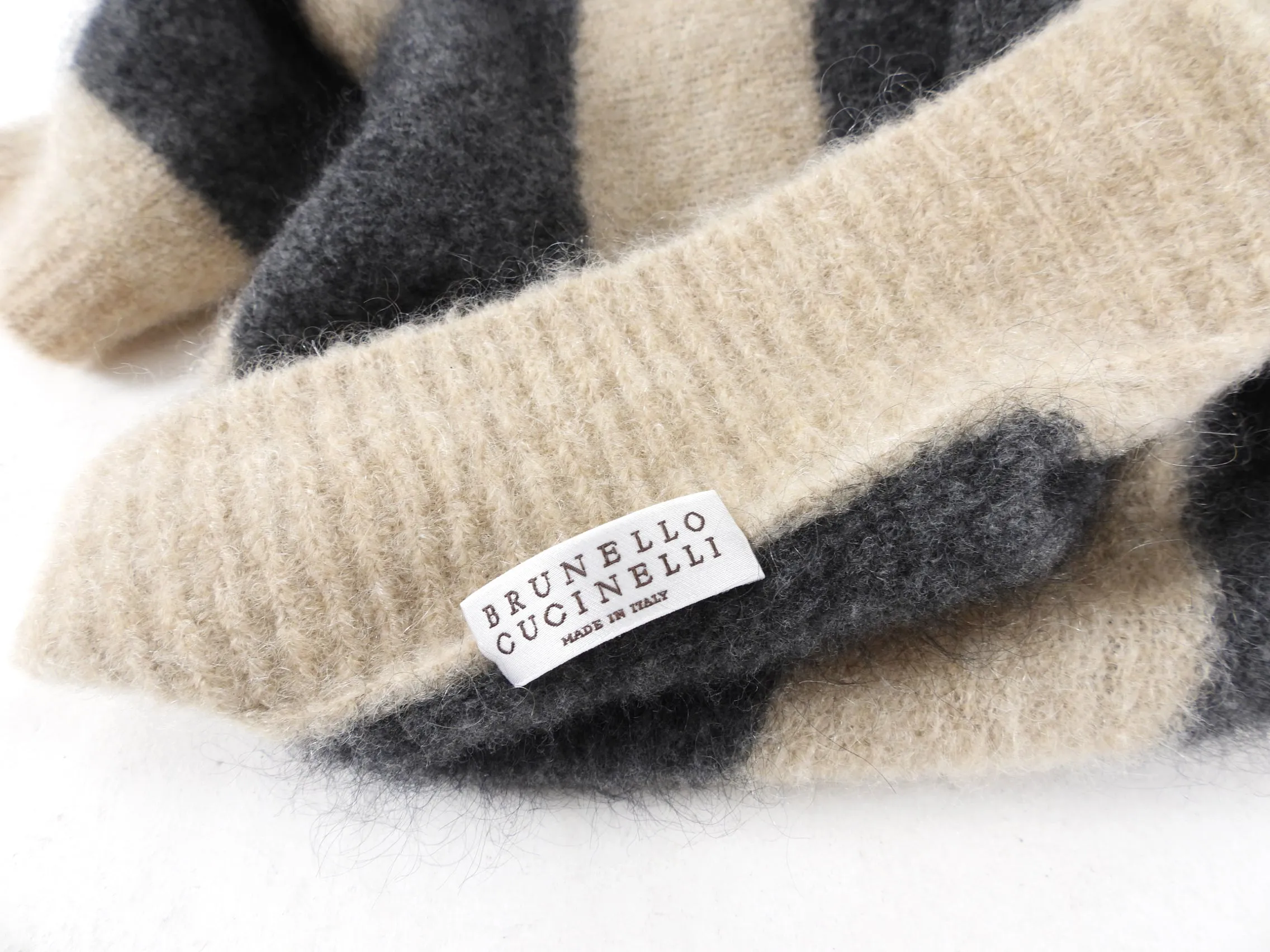 Brunello Cucinelli Beige and Grey Stripe Mohair Cardigan Sweater - M