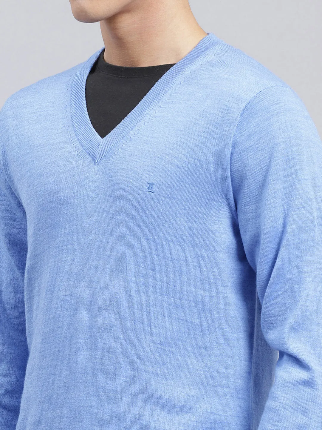 Men Sky Blue Solid Pure wool Pullover