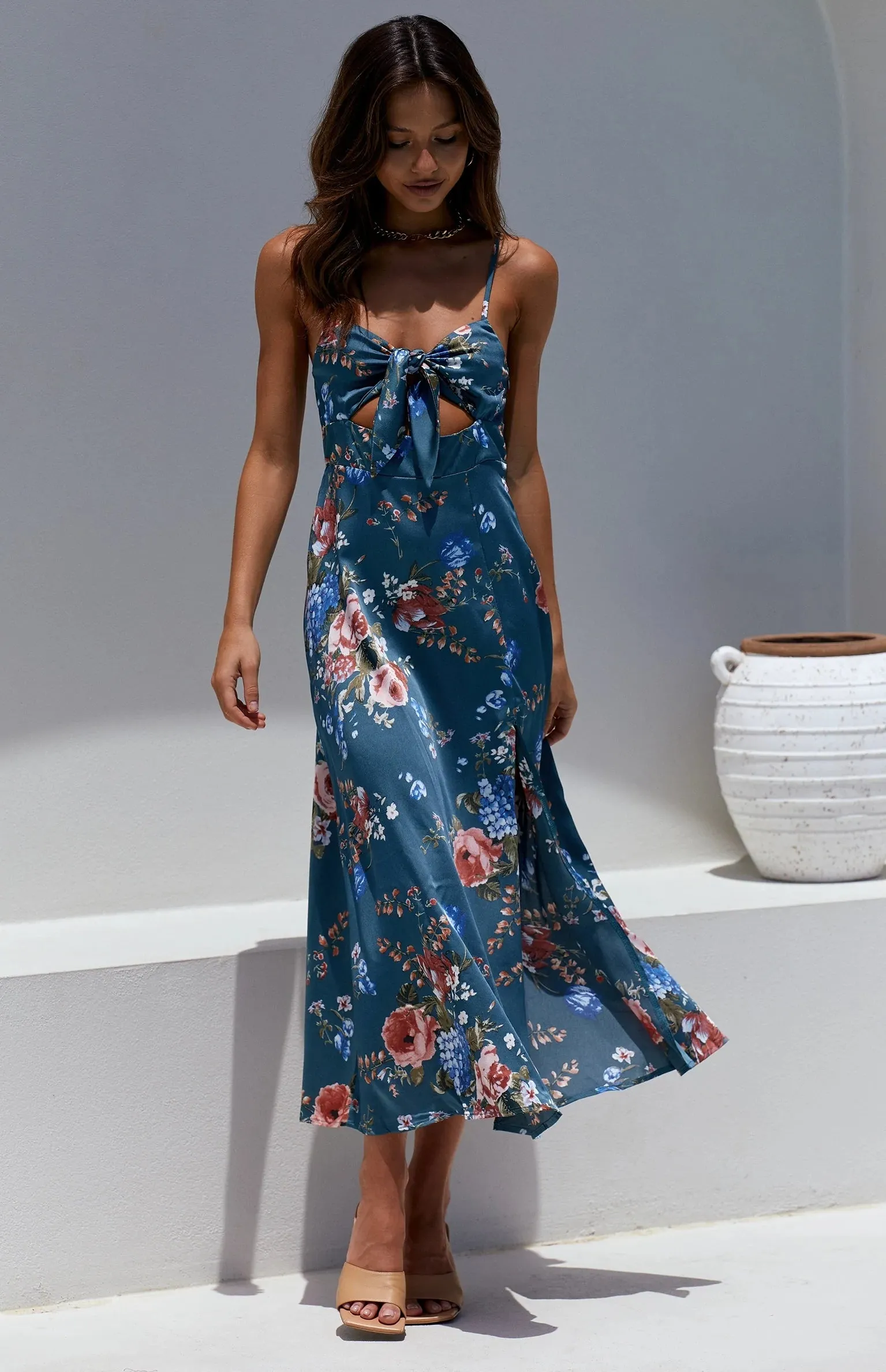 Navy Floral Bowknot Slip Midi Dress