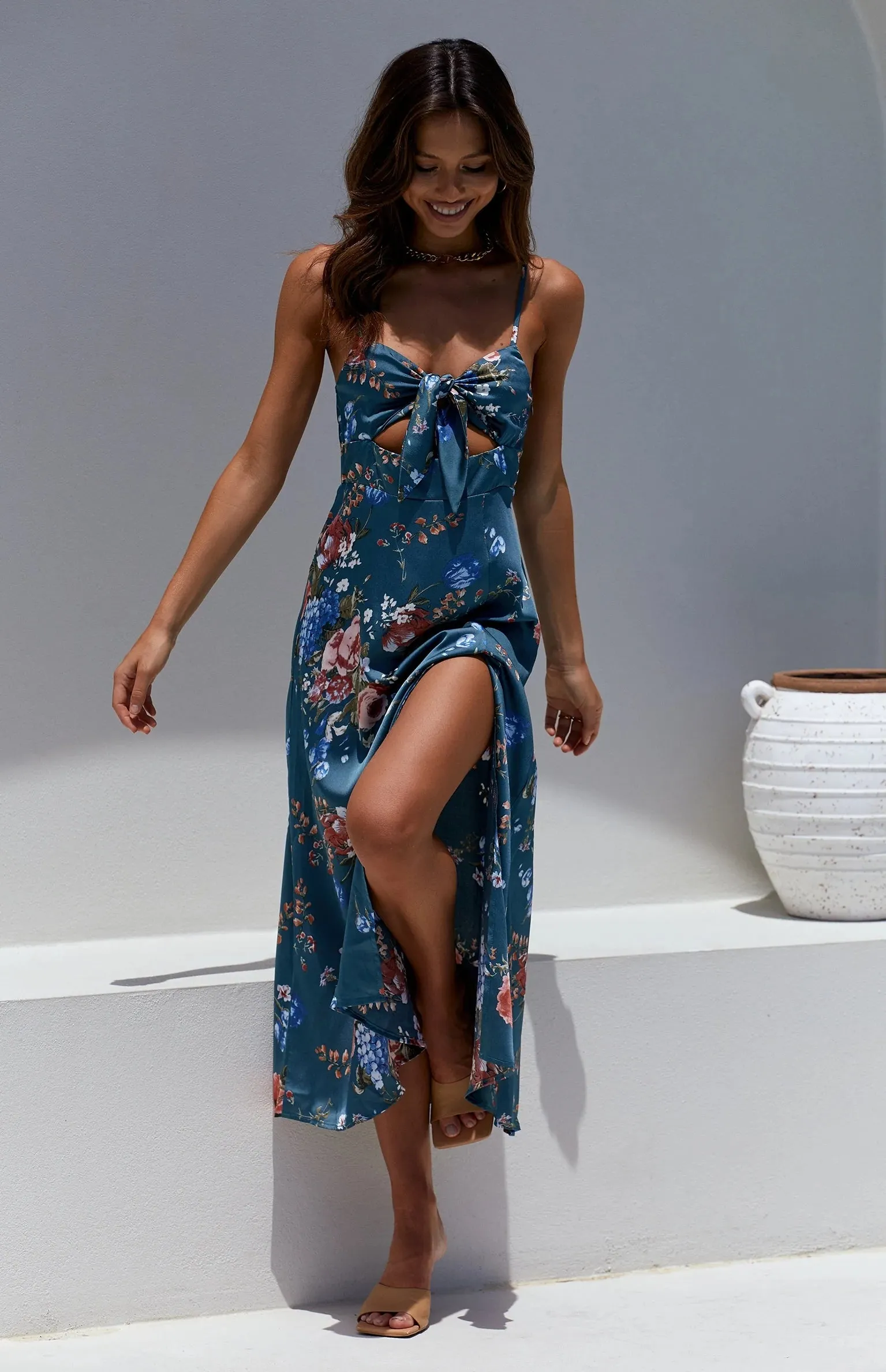 Navy Floral Bowknot Slip Midi Dress