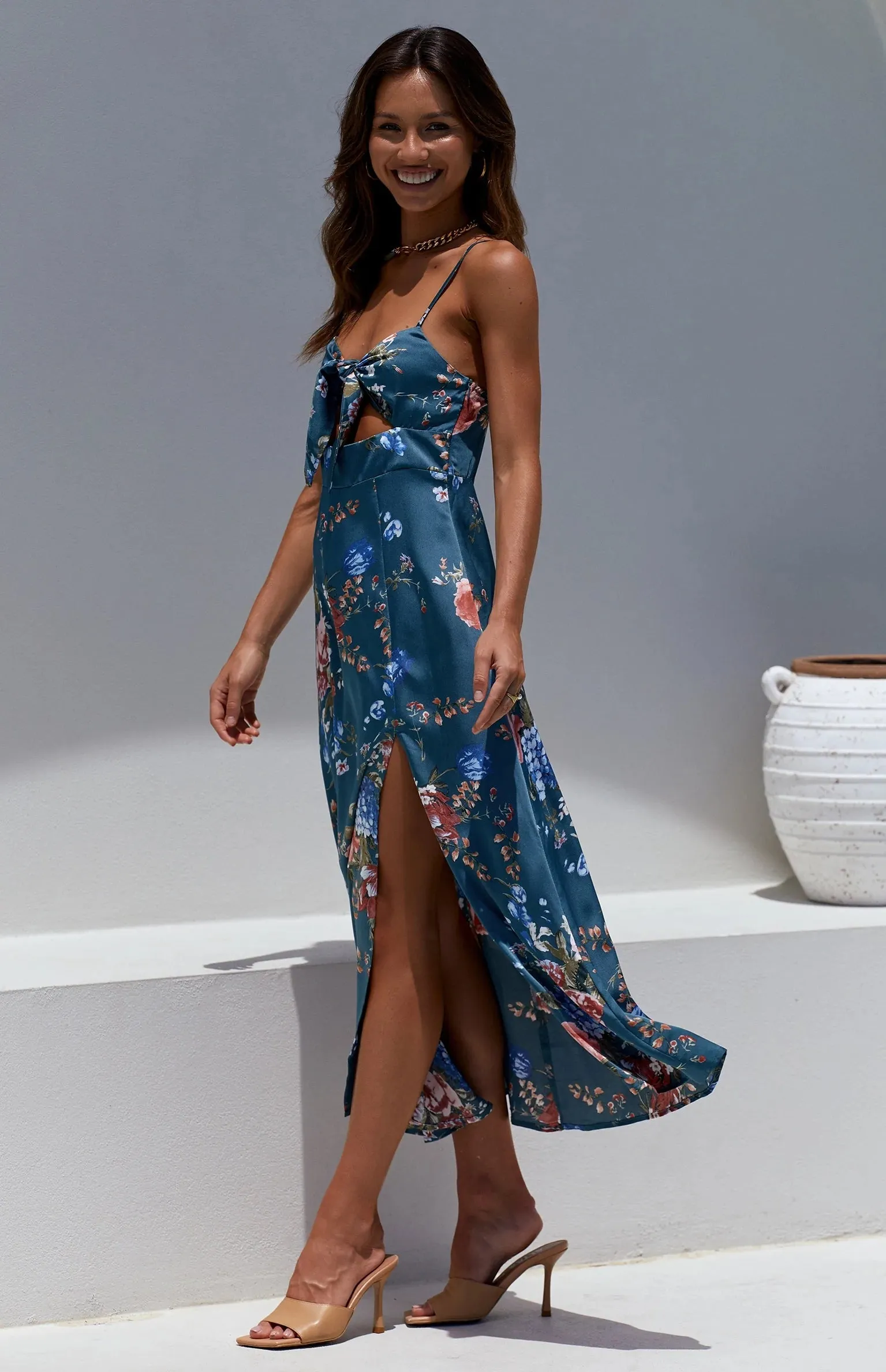 Navy Floral Bowknot Slip Midi Dress