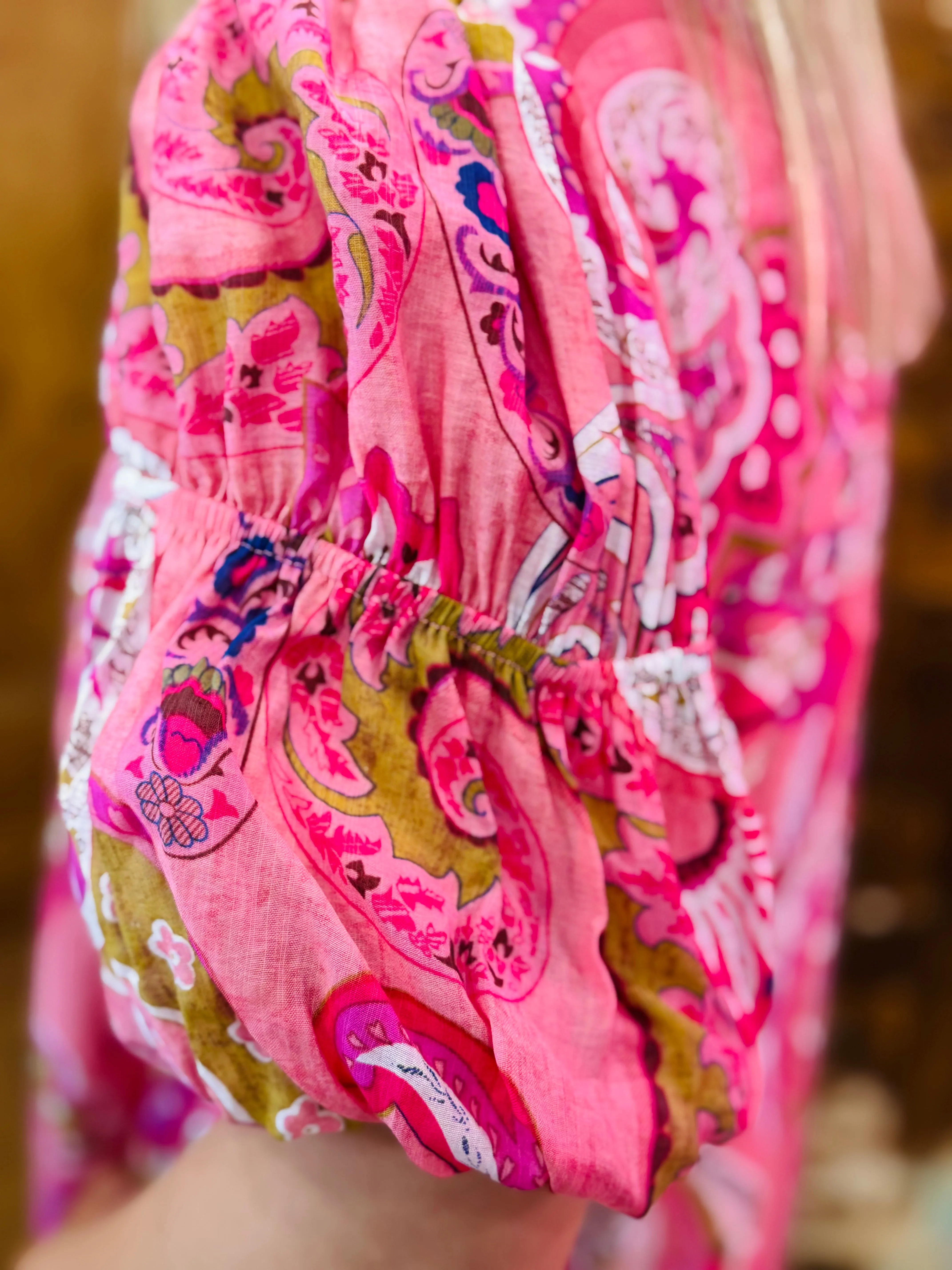 Pink Mix Paisley Babydoll Dress with Puff Sleeves