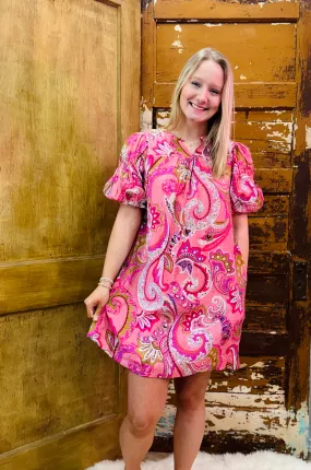 Pink Mix Paisley Babydoll Dress with Puff Sleeves
