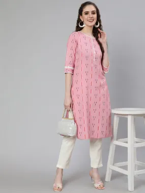 Pink Self Weaved Straight Kurta With Lace Detail And Off-White Pants
