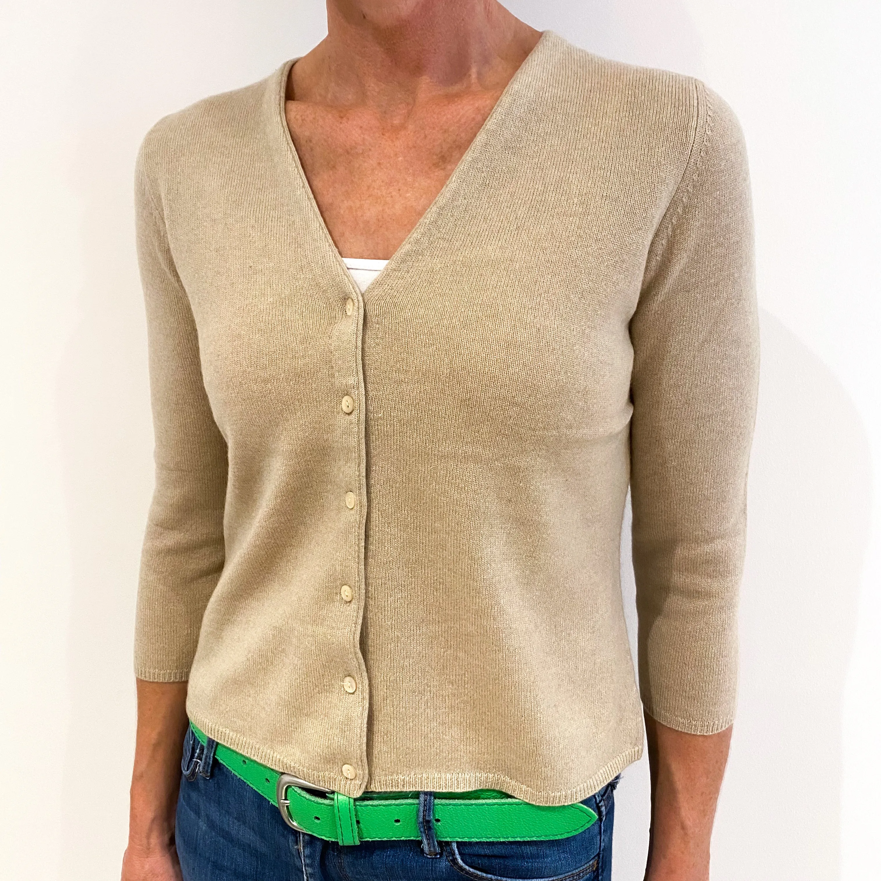 Sand Beige Cashmere V-Neck Cardigan Small Petite