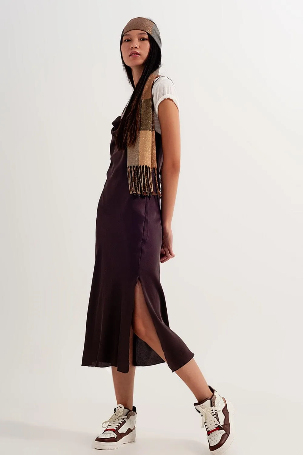 Satin Cami Strap Mini Dress In Brown