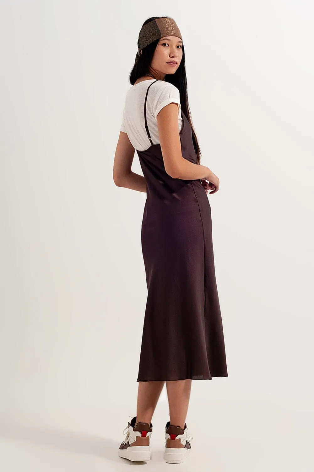 Satin Cami Strap Mini Dress In Brown
