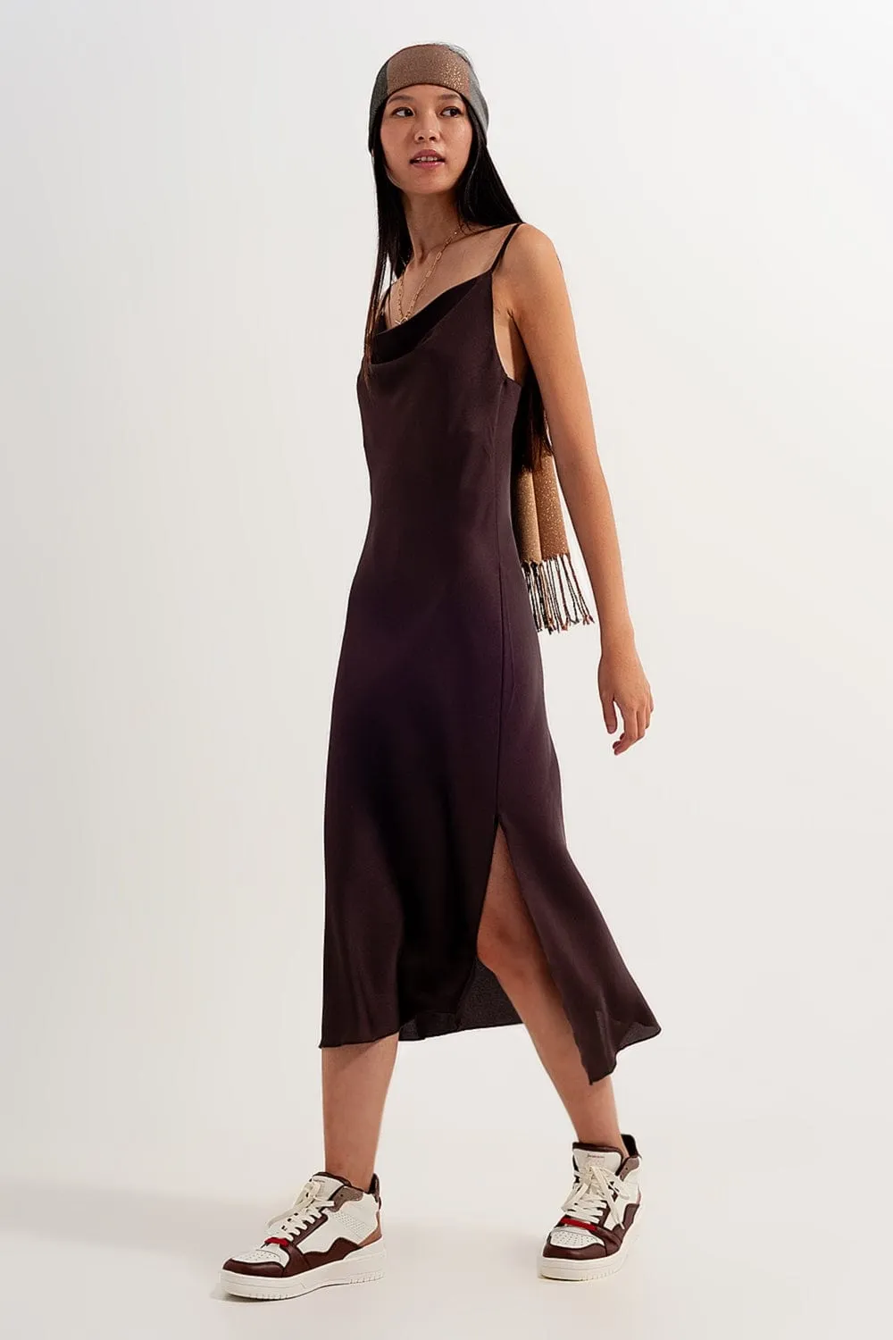 Satin Cami Strap Mini Dress In Brown