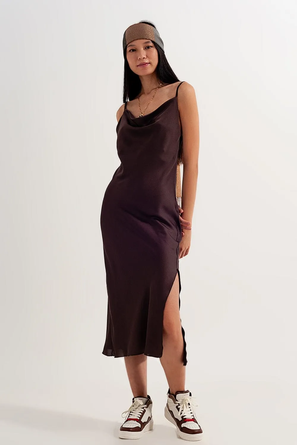 Satin Cami Strap Mini Dress In Brown