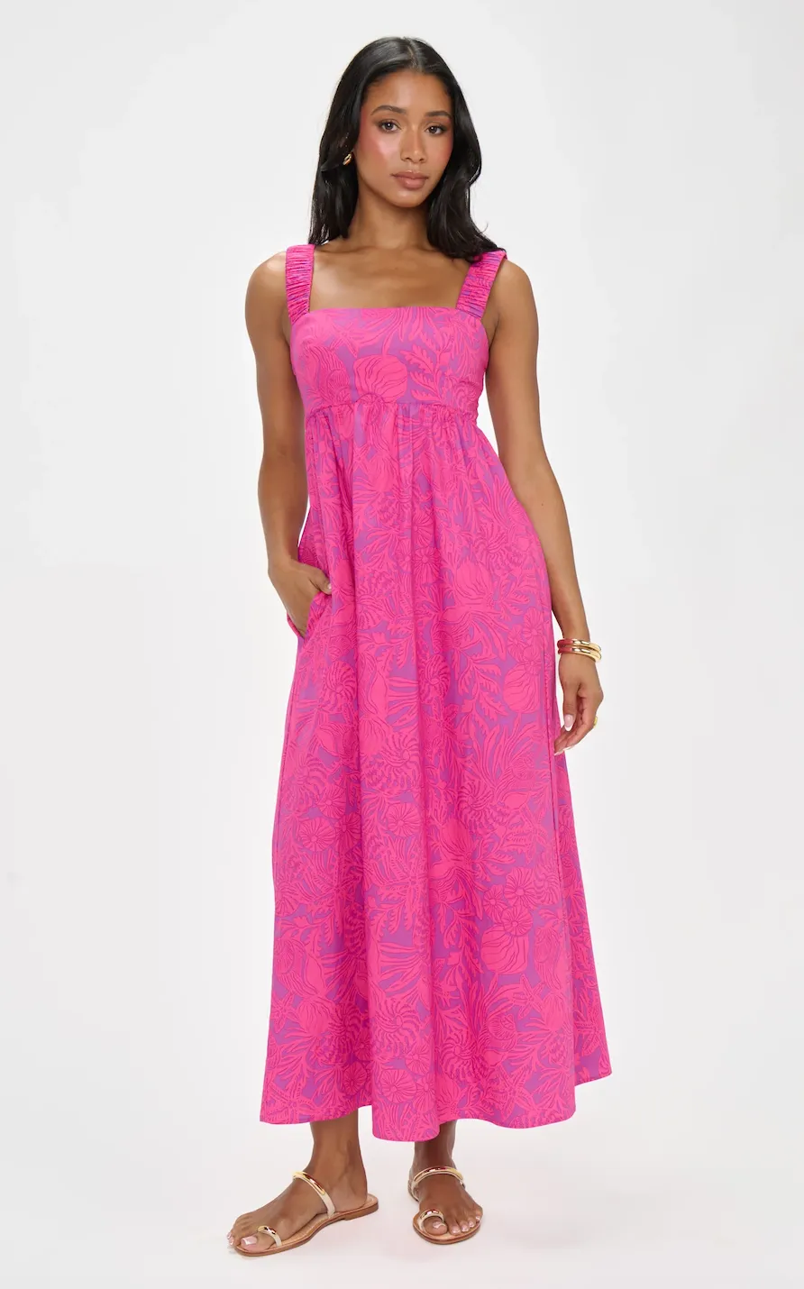 SHOW ME YOUR MUMU FLING MIDI DRESS IN PINK SHELLS POPLIN