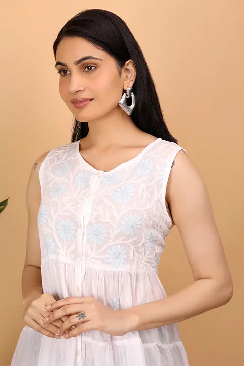 Shwet Women White Chikankari Sleevless Tier Top - 293