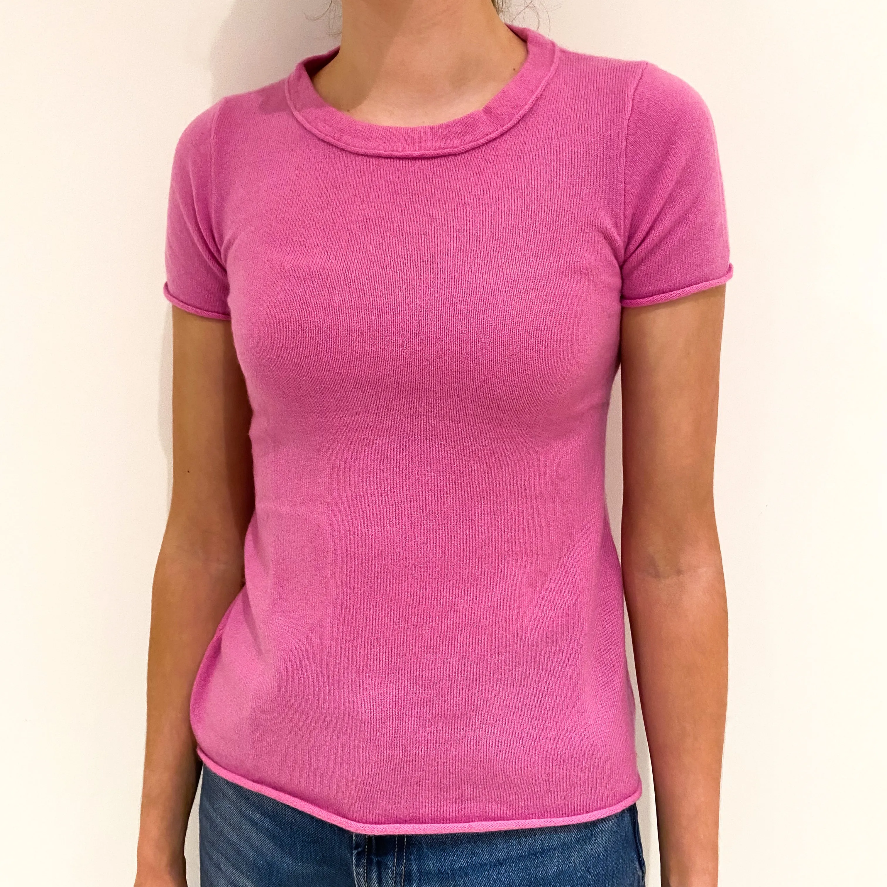 Sweet Pea Pink Cashmere Crew Neck Short Sleeved Jumper Extra Small