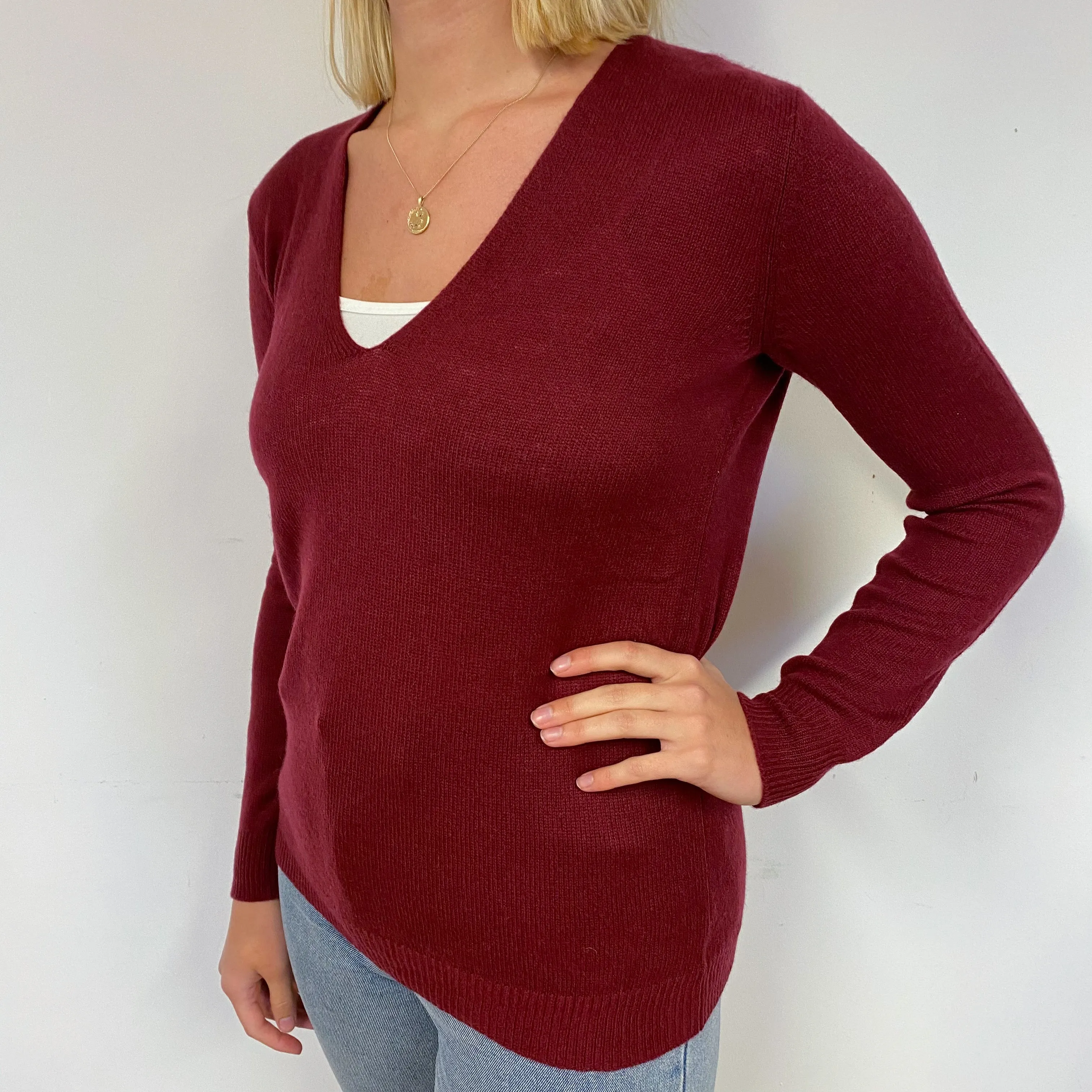 Theory Wine Red Cashmere V-Neck Boxy Jumper Small