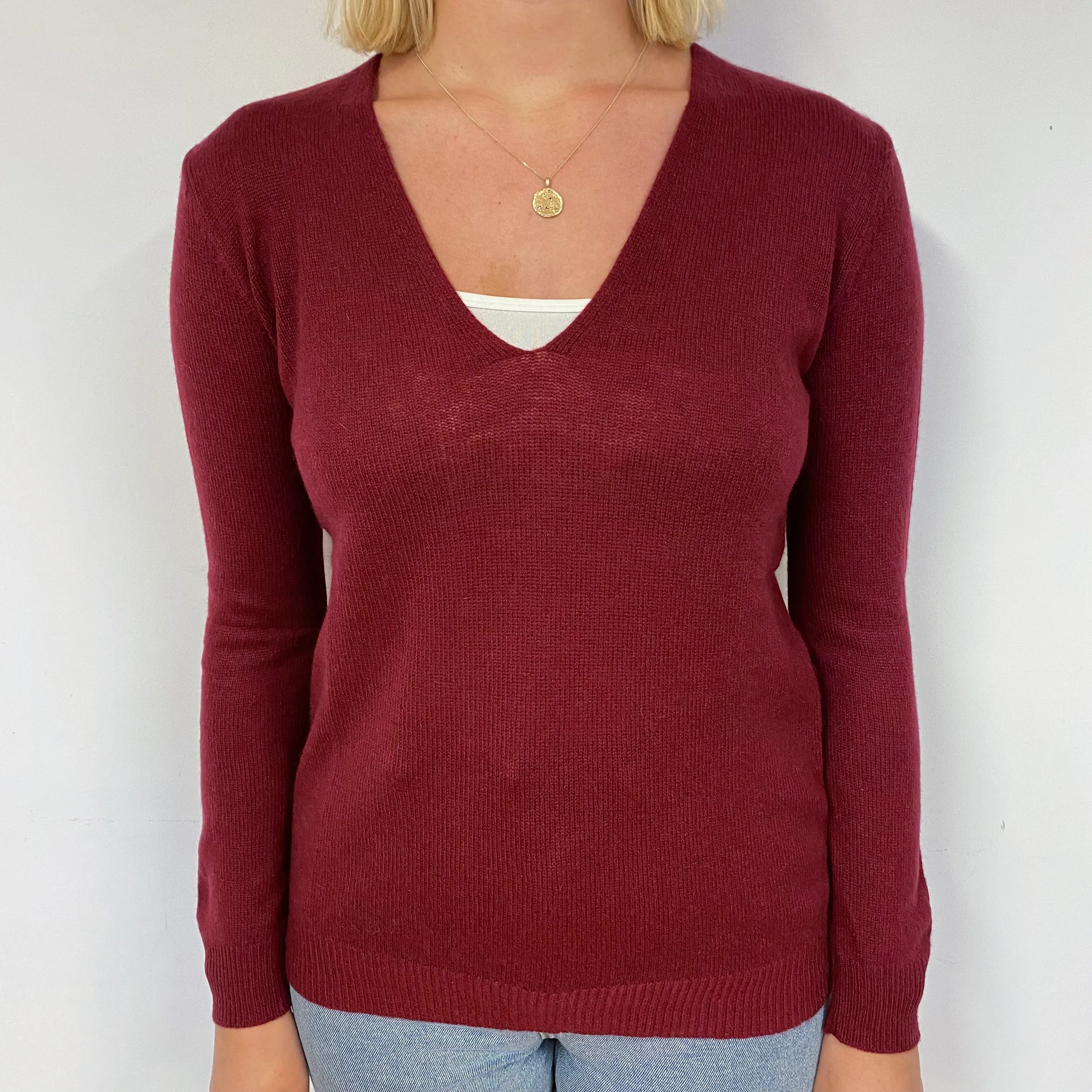 Theory Wine Red Cashmere V-Neck Boxy Jumper Small