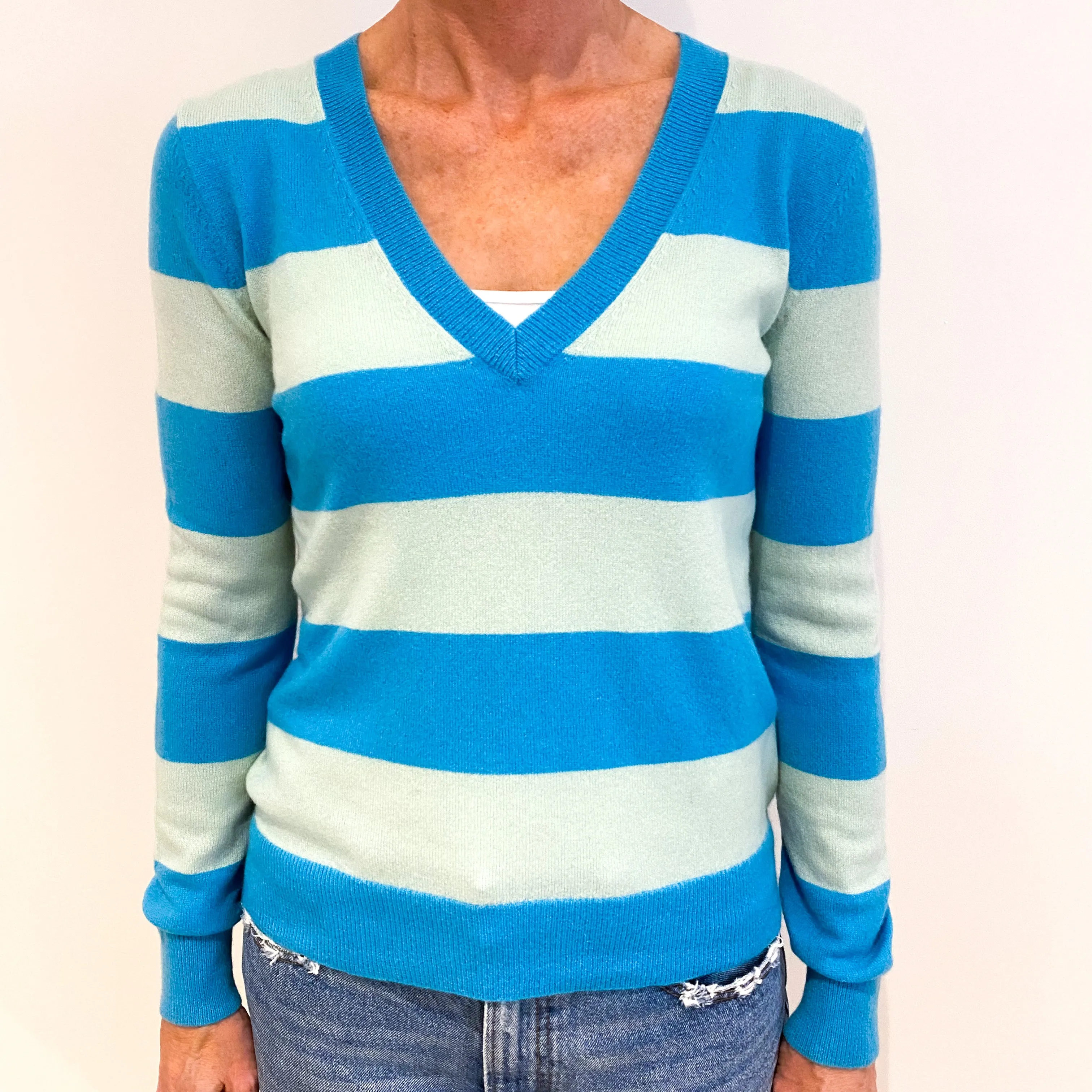 Turquoise Blue Stripe Cashmere V-Neck Jumper Small