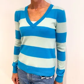 Turquoise Blue Stripe Cashmere V-Neck Jumper Small