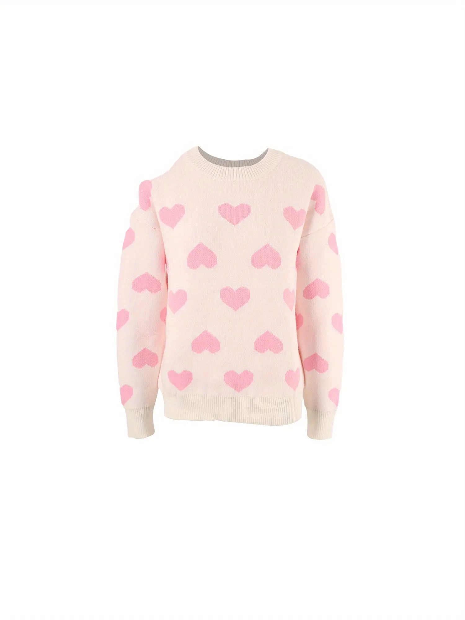 Women's Autumn Winter Knit Sweater Long Sleeve Crewneck Heart Print Loose Knitwear