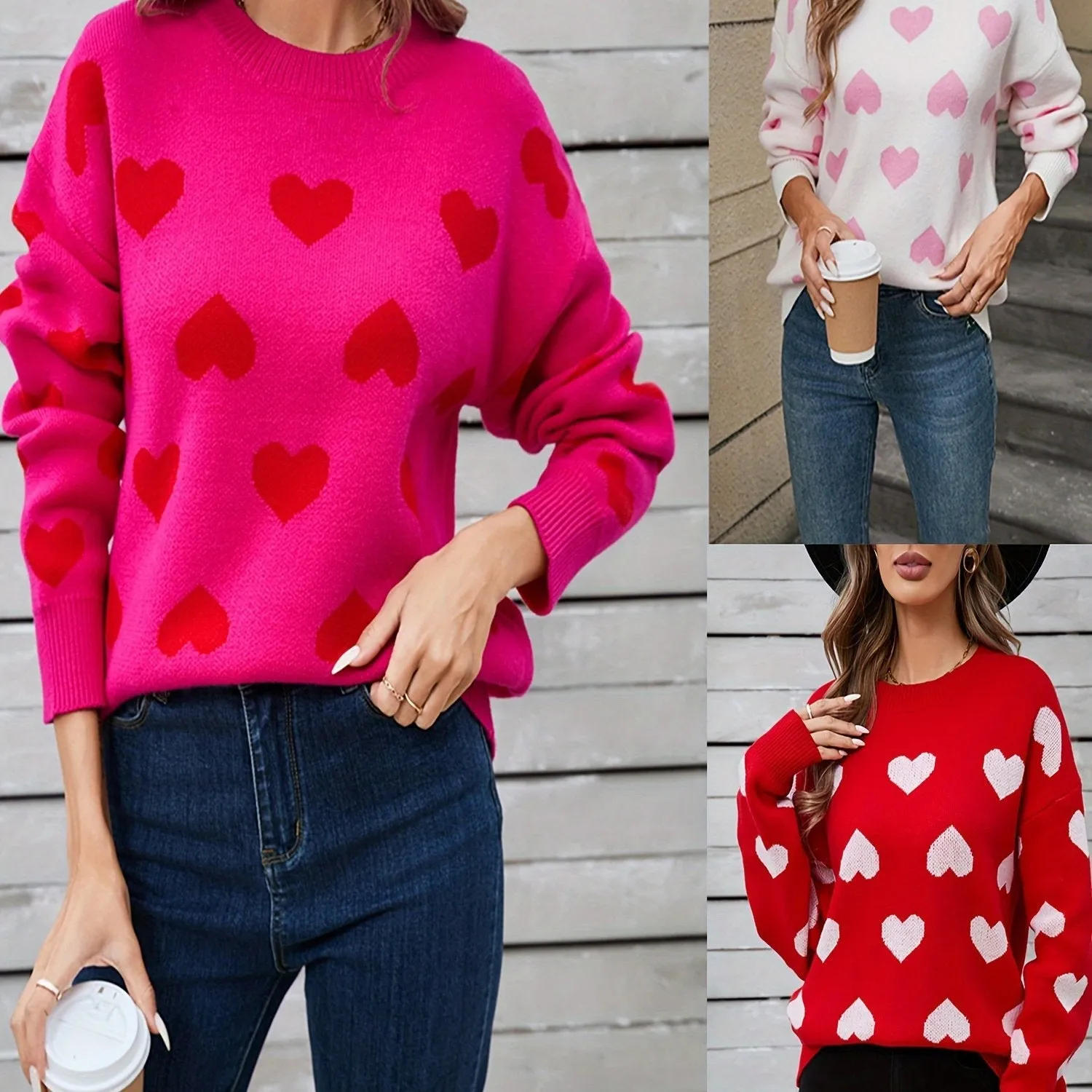 Women's Autumn Winter Knit Sweater Long Sleeve Crewneck Heart Print Loose Knitwear