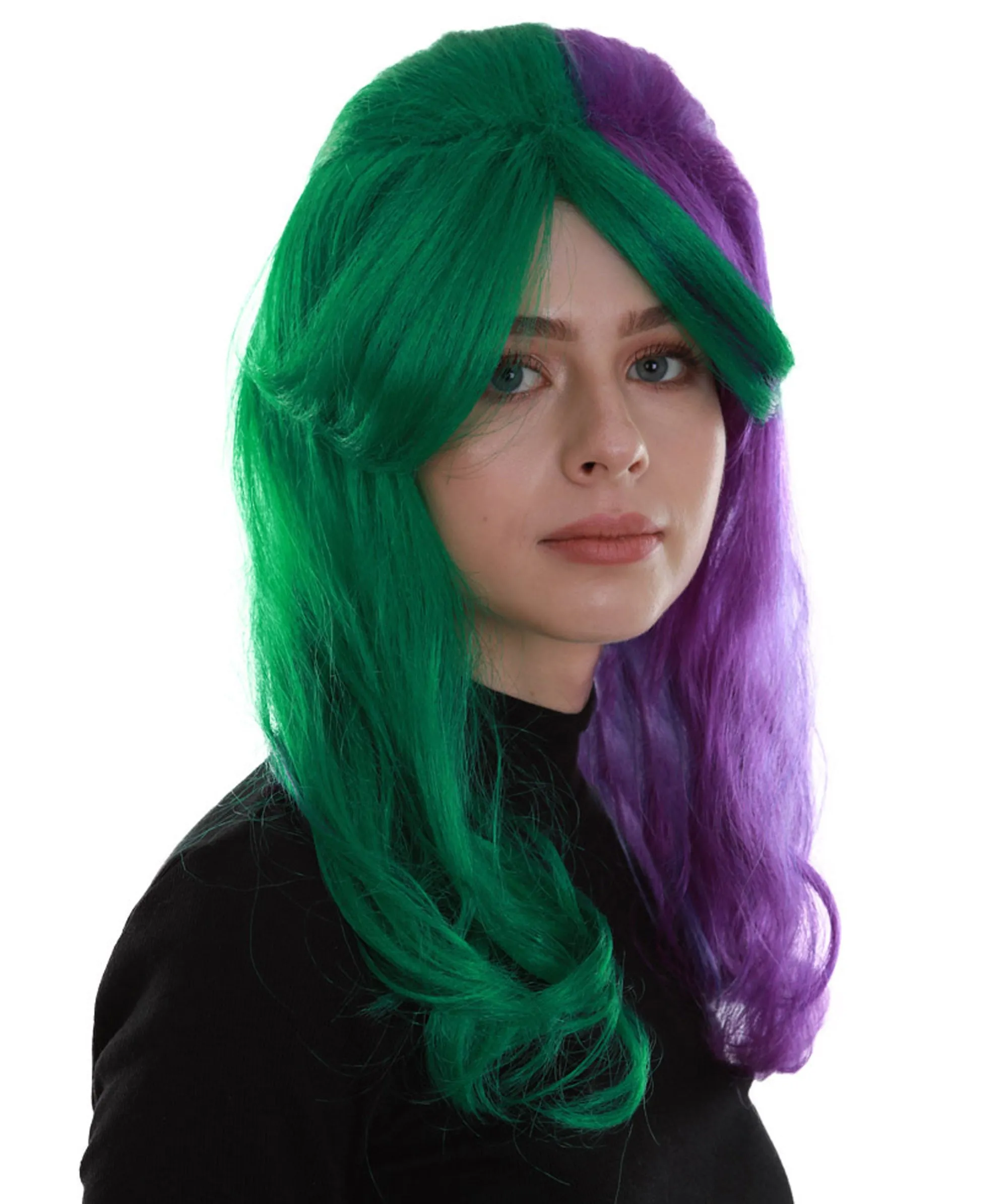 Women's Two Tone Green and Purple Color Wavy Medium Length Trendy Galactic Maiden Wig